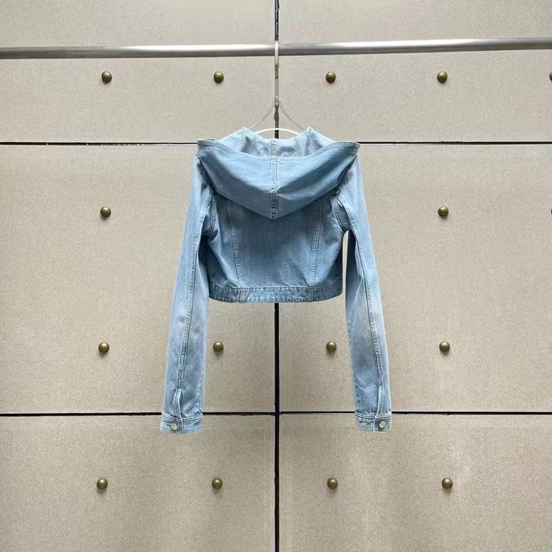 Casual Single Breasted Turn-down Collar Hooded Denim Jacket