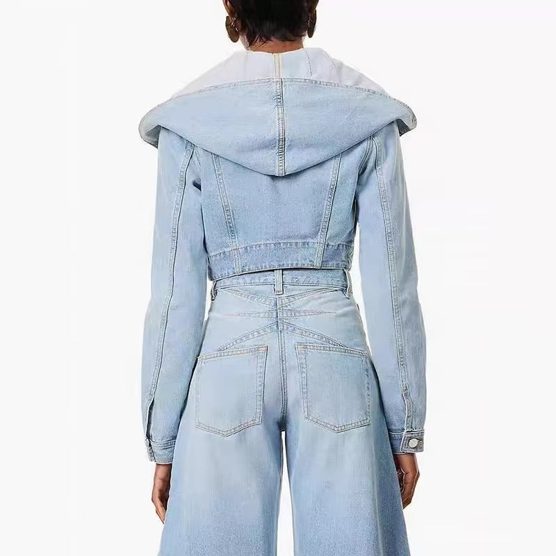 Casual Single Breasted Turn-down Collar Hooded Denim Jacket