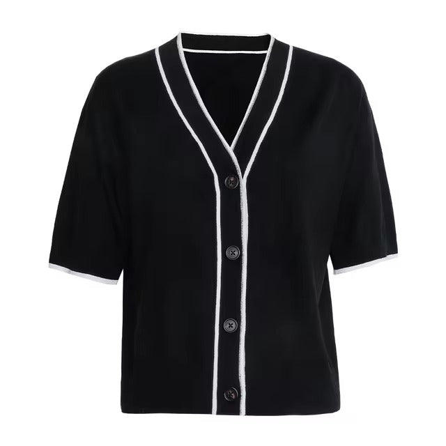 Casual Single Breasted short Sleeve Button Silk Wool Knitted Sweater