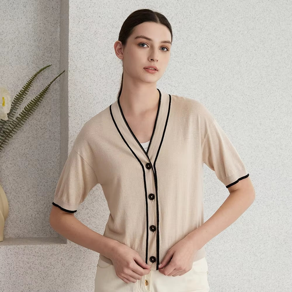 Casual Single Breasted short Sleeve Button Silk Wool Knitted Sweater