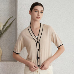 Casual Single Breasted short Sleeve Button Silk Wool Knitted Sweater
