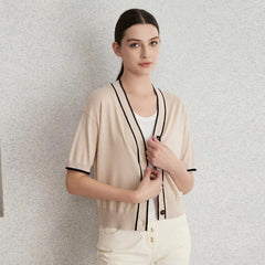 Casual Single Breasted short Sleeve Button Silk Wool Knitted Sweater