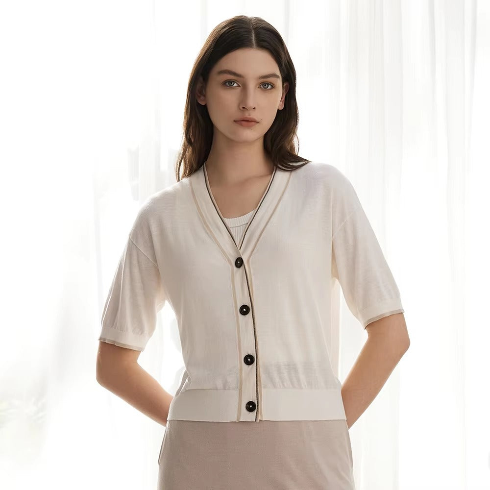 Casual Single Breasted short Sleeve Button Silk Wool Knitted Sweater