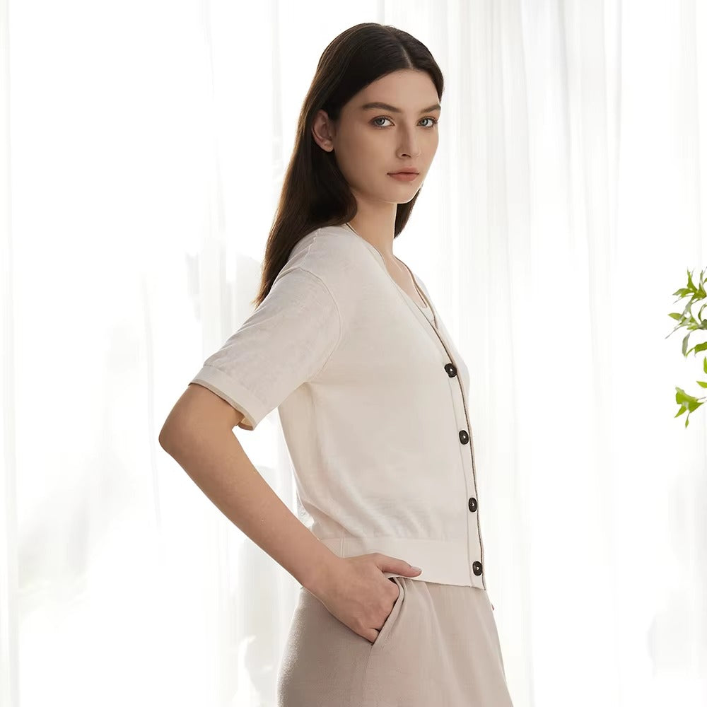 Casual Single Breasted short Sleeve Button Silk Wool Knitted Sweater