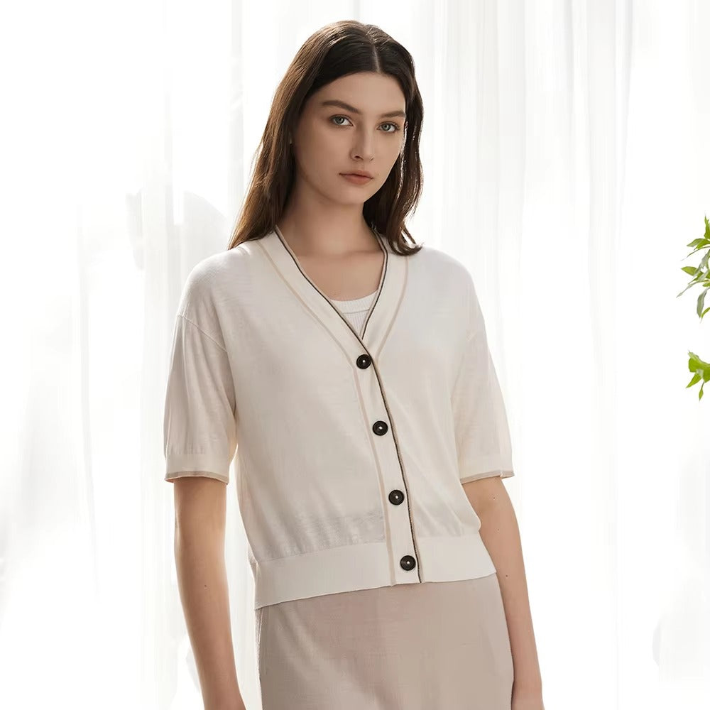 Casual Single Breasted short Sleeve Button Silk Wool Knitted Sweater
