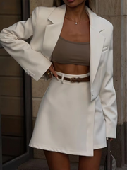 Casual Single Button Loose Office Crop Shirt And Skirts 2 Pieces Set