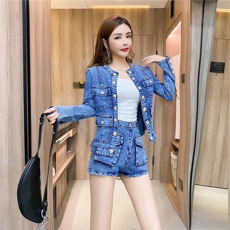 Casual Single-breasted Denim Short Jacket High Waist Jeans Shorts Fashion Two-piece Set