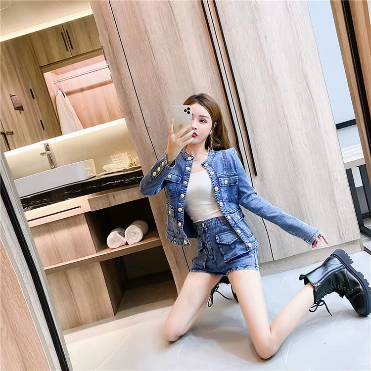 Casual Single-breasted Denim Short Jacket High Waist Jeans Shorts Fashion Two-piece Set