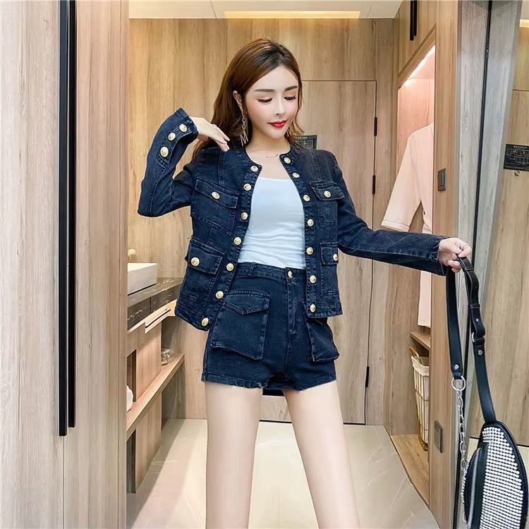 Casual Single-breasted Denim Short Jacket High Waist Jeans Shorts Fashion Two-piece Set