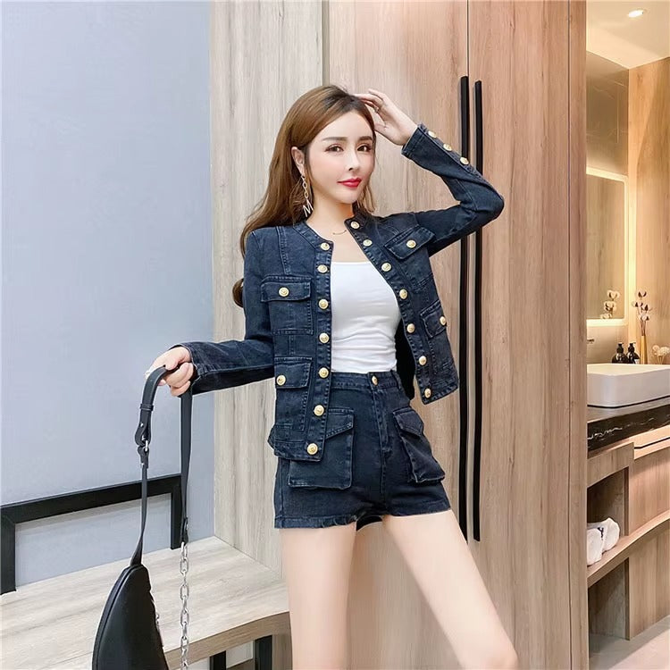 Casual Single-breasted Denim Short Jacket High Waist Jeans Shorts Fashion Two-piece Set