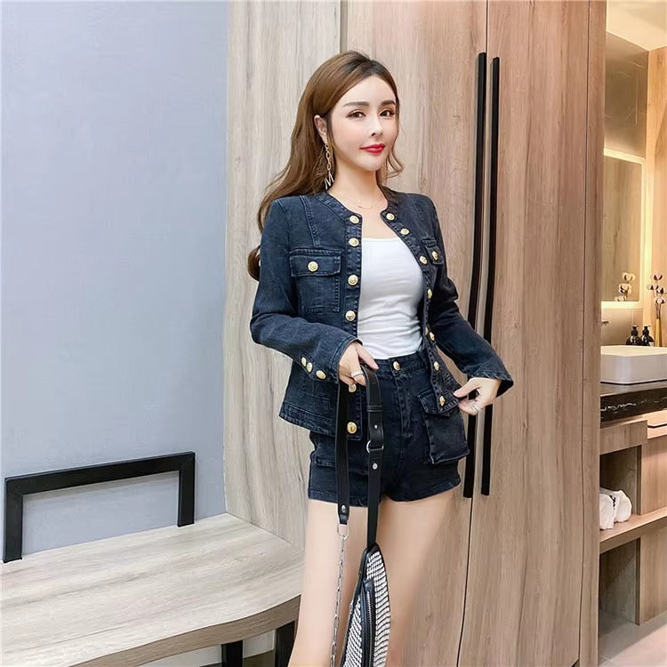 Casual Single-breasted Denim Short Jacket High Waist Jeans Shorts Fashion Two-piece Set