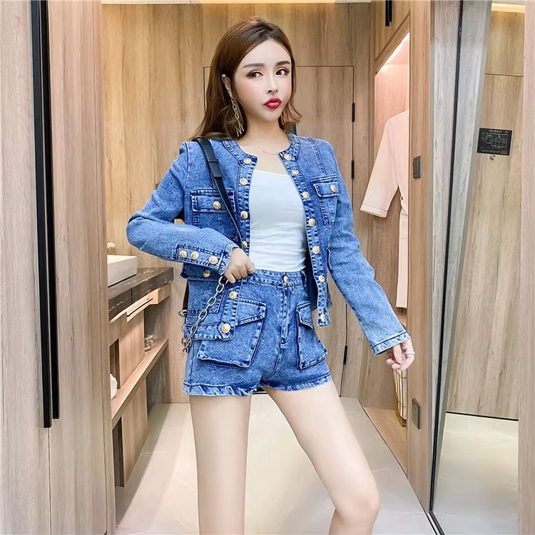 Casual Single-breasted Denim Short Jacket High Waist Jeans Shorts Fashion Two-piece Set