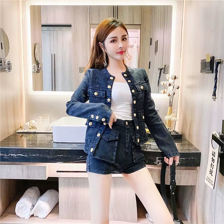 Casual Single-breasted Denim Short Jacket High Waist Jeans Shorts Fashion Two-piece Set