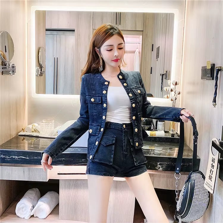 Casual Single-breasted Denim Short Jacket High Waist Jeans Shorts Fashion Two-piece Set