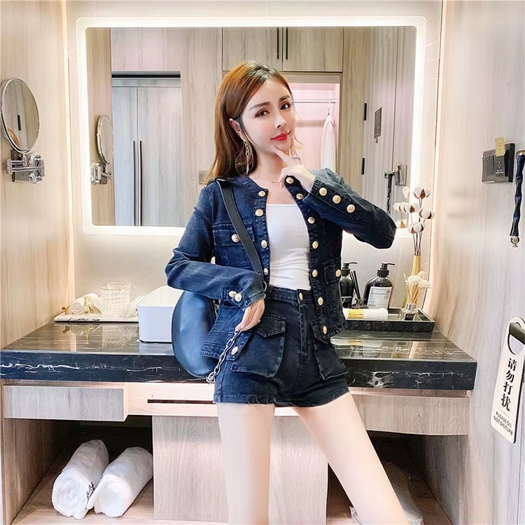 Casual Single-breasted Denim Short Jacket High Waist Jeans Shorts Fashion Two-piece Set