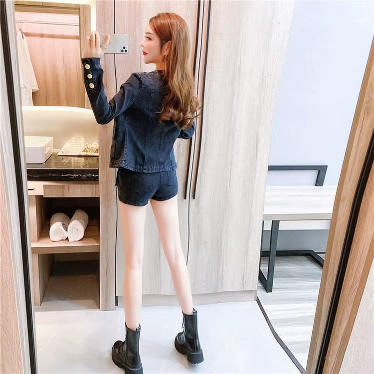 Casual Single-breasted Denim Short Jacket High Waist Jeans Shorts Fashion Two-piece Set
