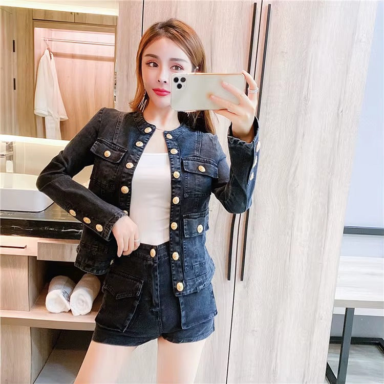 Casual Single-breasted Denim Short Jacket High Waist Jeans Shorts Fashion Two-piece Set