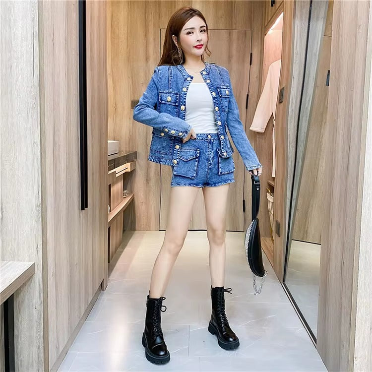 Casual Single-breasted Denim Short Jacket High Waist Jeans Shorts Fashion Two-piece Set