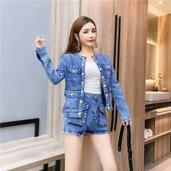 Casual Single-breasted Denim Short Jacket High Waist Jeans Shorts Fashion Two-piece Set