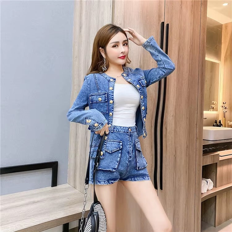 Casual Single-breasted Denim Short Jacket High Waist Jeans Shorts Fashion Two-piece Set