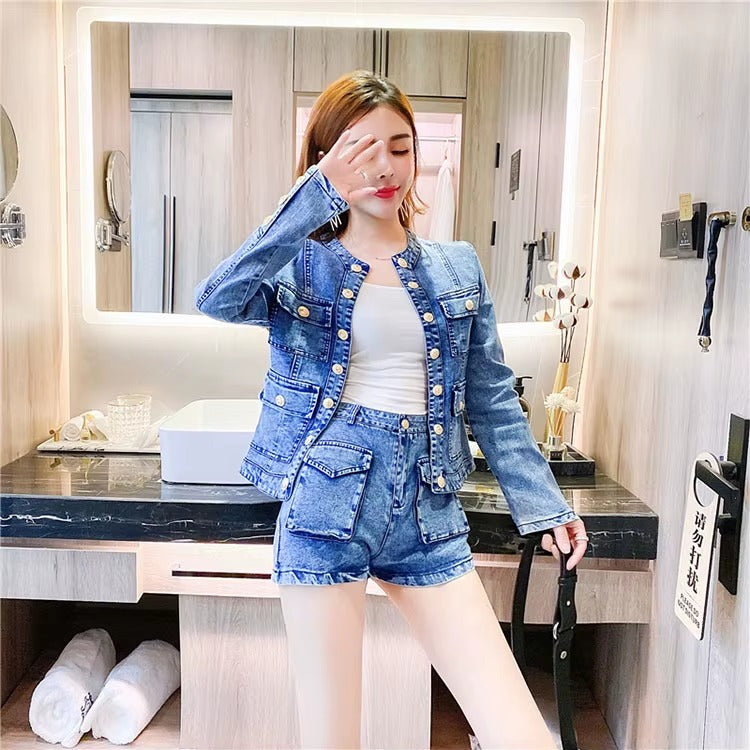 Casual Single-breasted Denim Short Jacket High Waist Jeans Shorts Fashion Two-piece Set