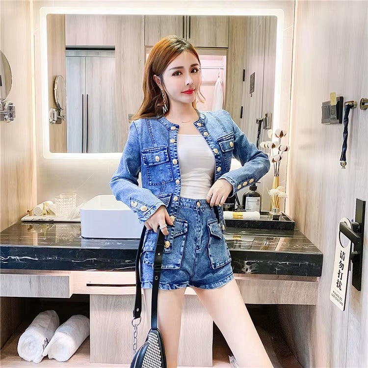 Casual Single-breasted Denim Short Jacket High Waist Jeans Shorts Fashion Two-piece Set