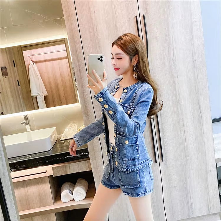 Casual Single-breasted Denim Short Jacket High Waist Jeans Shorts Fashion Two-piece Set
