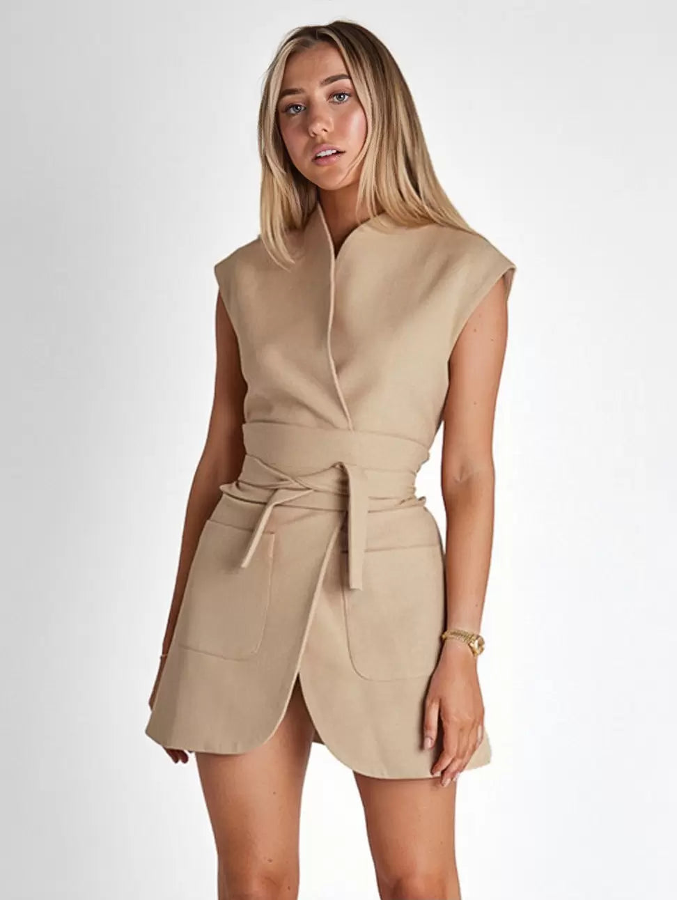 Casual Sleeveless Designed Neckline Belted Pockets Mini Blazer Dresses