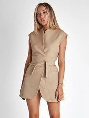 Casual Sleeveless Designed Neckline Belted Pockets Mini Blazer Dresses