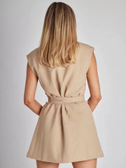 Casual Sleeveless Designed Neckline Belted Pockets Mini Blazer Dresses