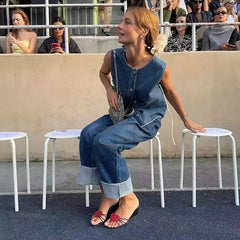 Casual Sleeveless O-neck Single Breasted High Waist Pocket Denim Vest Pants Set