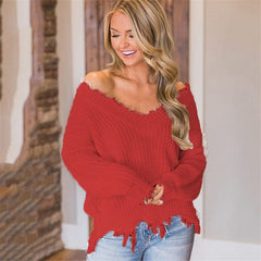 Casual Solid Color V Neck Irregular Raw Hem Knitwear