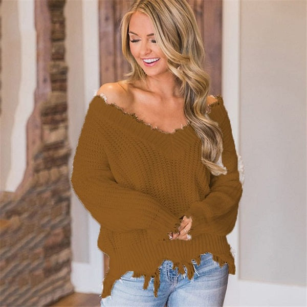 Casual Solid Color V Neck Irregular Raw Hem Knitwear