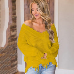 Casual Solid Color V Neck Irregular Raw Hem Knitwear