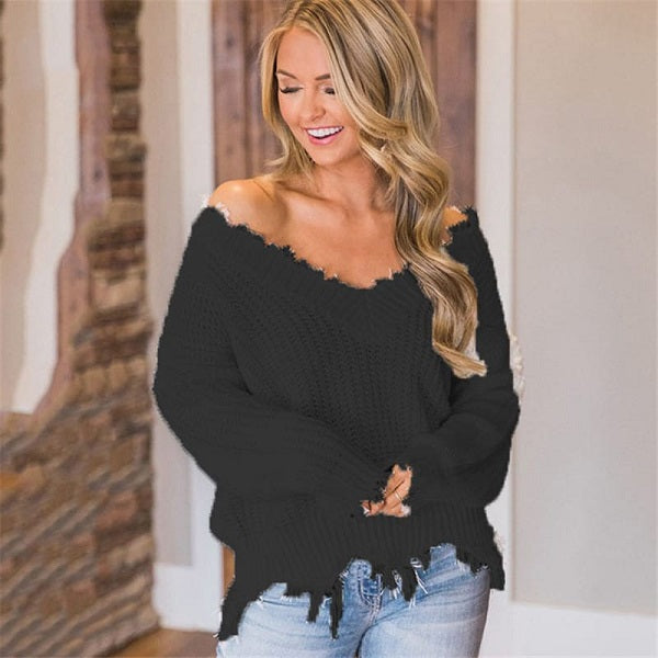 Casual Solid Color V Neck Irregular Raw Hem Knitwear