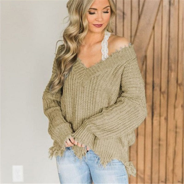 Casual Solid Color V Neck Irregular Raw Hem Knitwear
