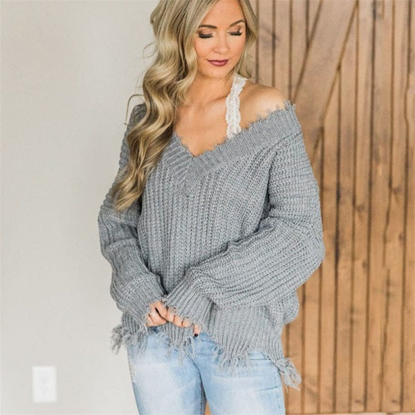 Casual Solid Color V Neck Irregular Raw Hem Knitwear