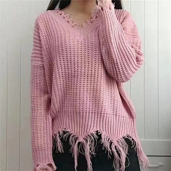 Casual Solid Color V Neck Irregular Raw Hem Knitwear