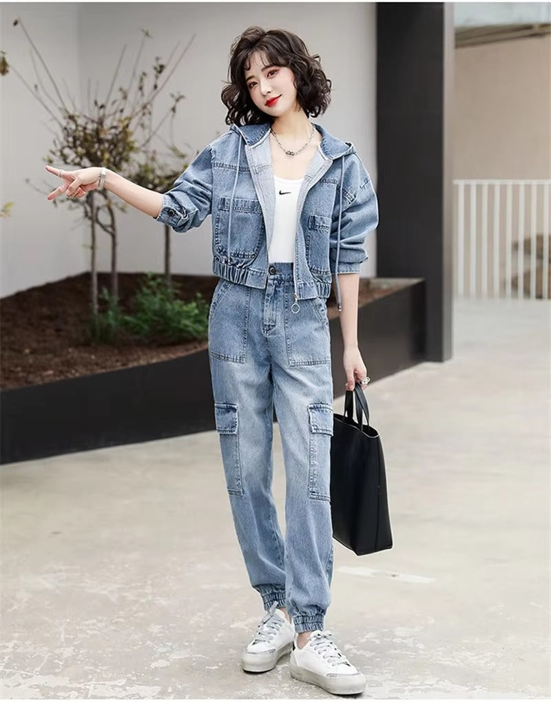 Casual Solid Full Sleeve Fake Zippers Short Jacket Denim Jeans 2 Piece Set