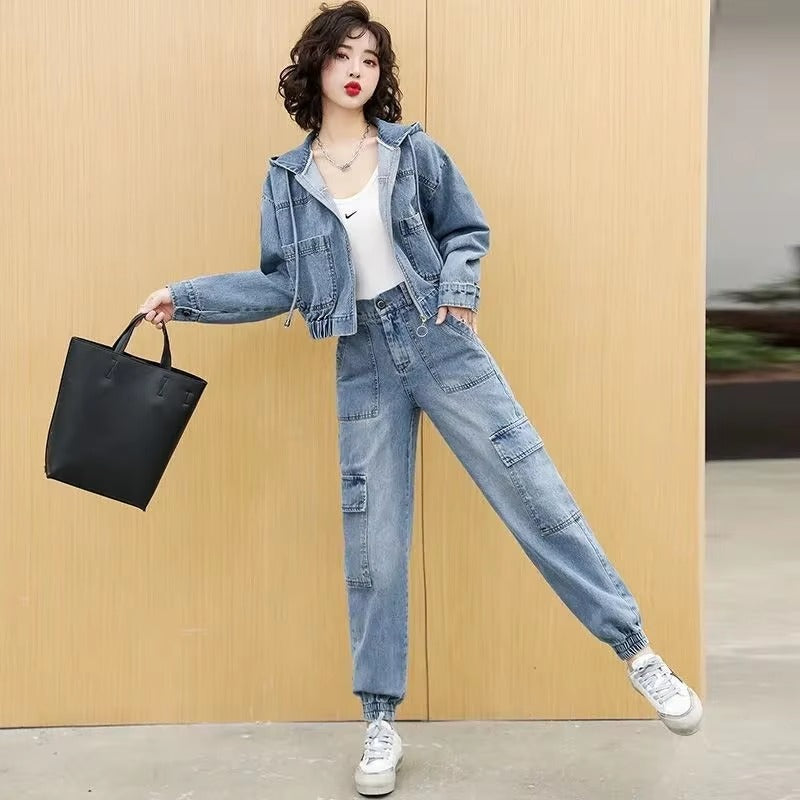 Casual Solid Full Sleeve Fake Zippers Short Jacket Denim Jeans 2 Piece Set