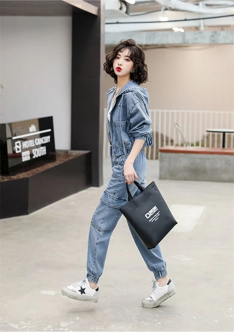 Casual Solid Full Sleeve Fake Zippers Short Jacket Denim Jeans 2 Piece Set