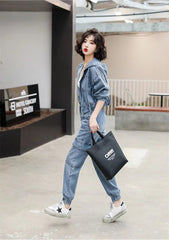 Casual Solid Full Sleeve Fake Zippers Short Jacket Denim Jeans 2 Piece Set