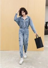 Casual Solid Full Sleeve Fake Zippers Short Jacket Denim Jeans 2 Piece Set