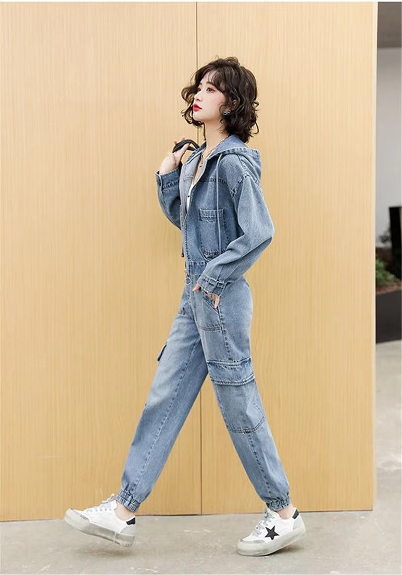 Casual Solid Full Sleeve Fake Zippers Short Jacket Denim Jeans 2 Piece Set