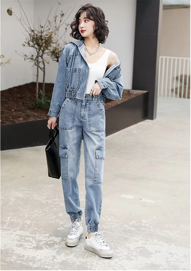Casual Solid Full Sleeve Fake Zippers Short Jacket Denim Jeans 2 Piece Set