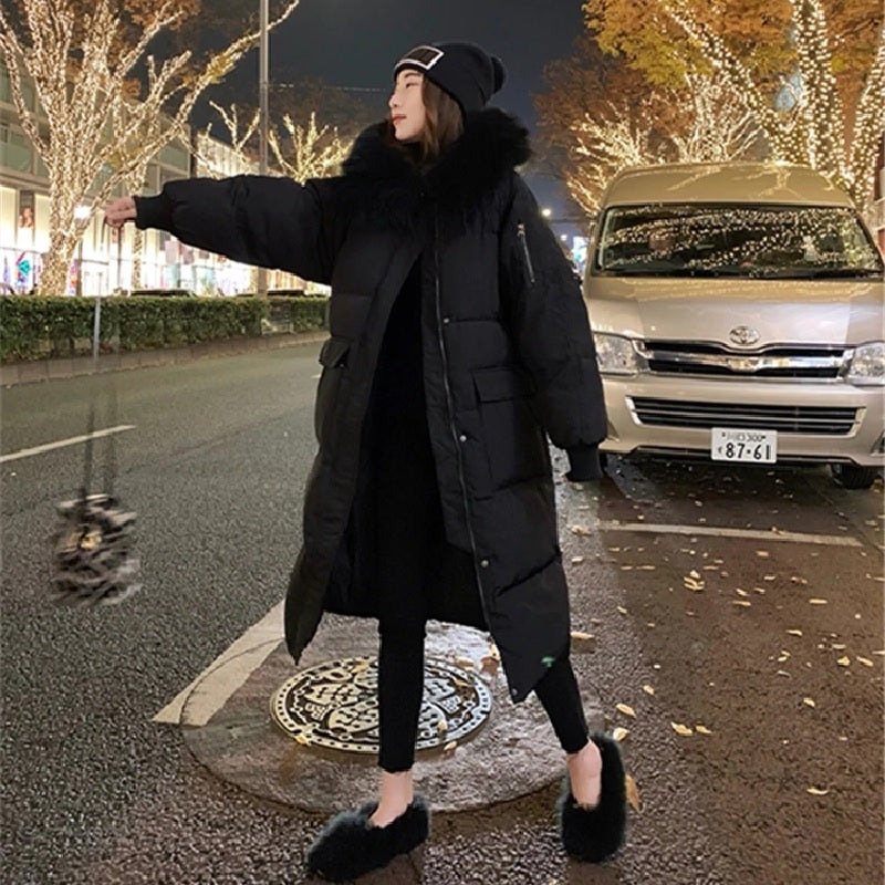 Casual Solid Hooded Jacket Large Fur Collar Coat