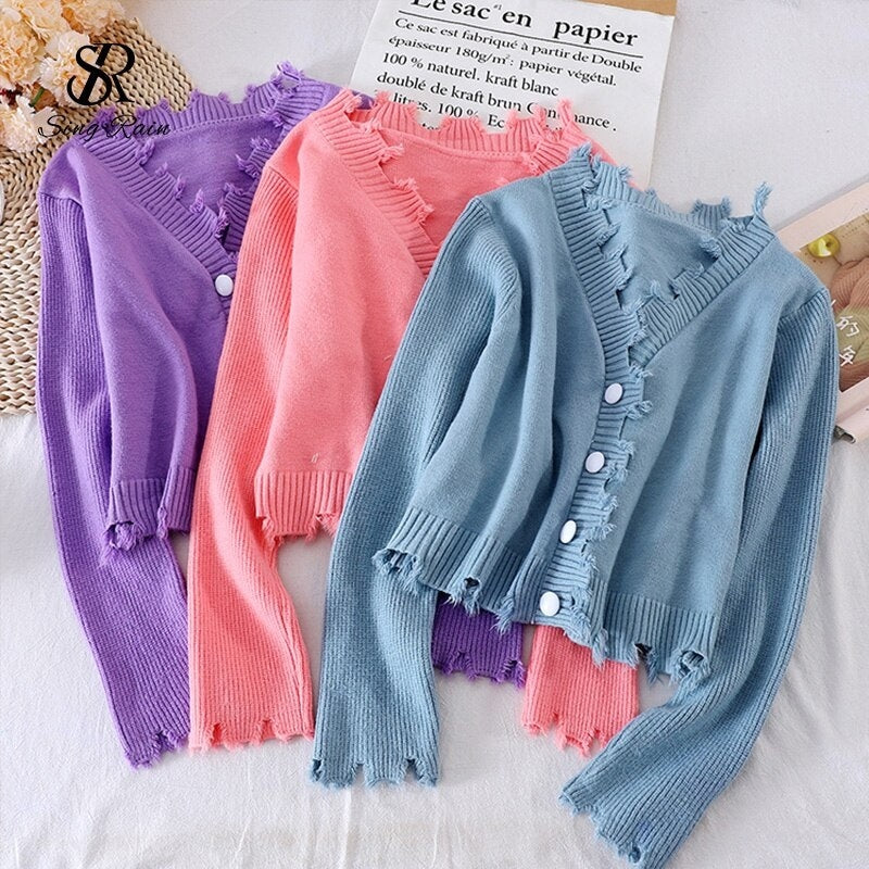 Casual Solid Knitting Cardigan V Neck Loose Buttons Style