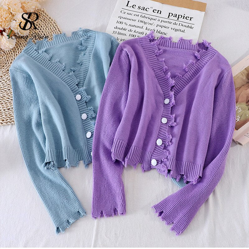 Casual Solid Knitting Cardigan V Neck Loose Buttons Style
