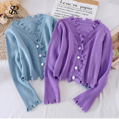 Casual Solid Knitting Cardigan V Neck Loose Buttons Style