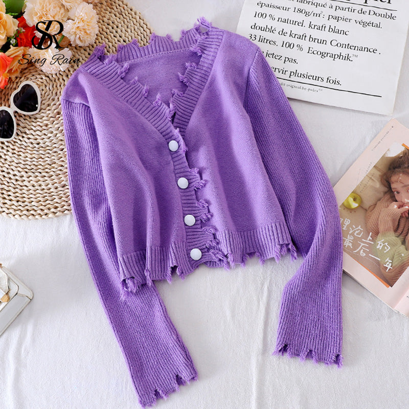Casual Solid Knitting Cardigan V Neck Loose Buttons Style